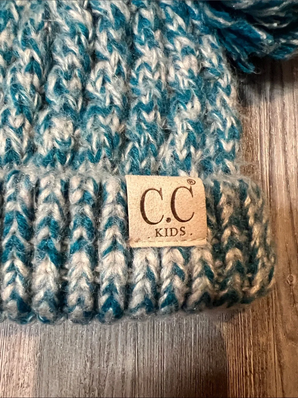 C.C. Boutique Teal and Cream Double Pom Pom Kids Hat